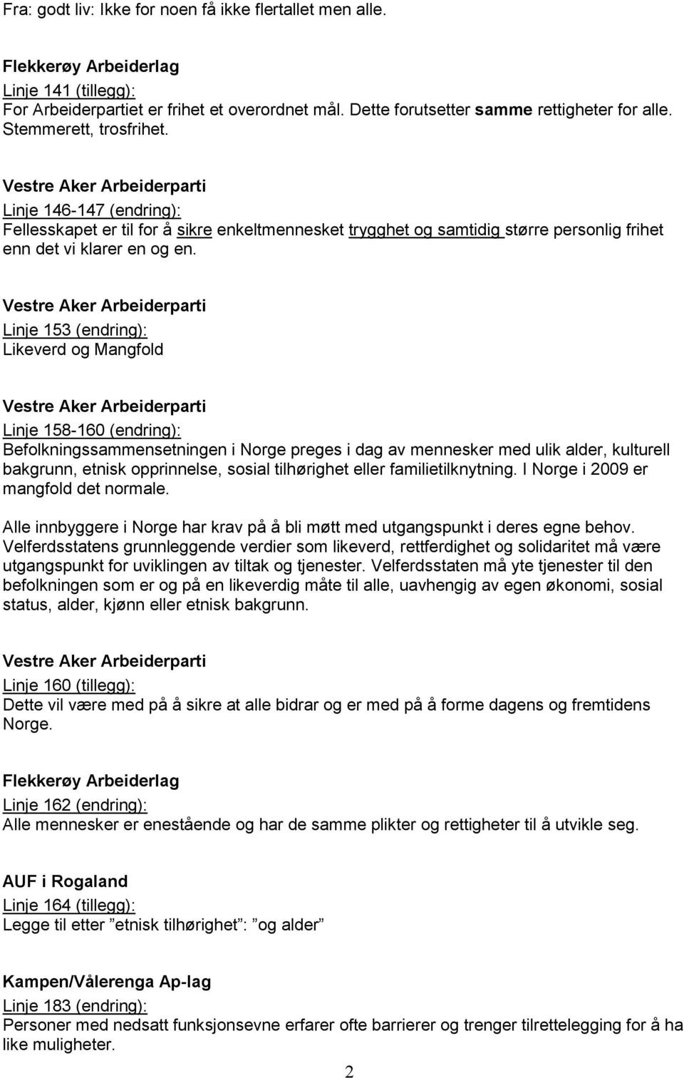 Vestre Aker Arbeiderparti Linje 153 (endring): Likeverd og Mangfold Vestre Aker Arbeiderparti Linje 158-160 (endring): Befolkningssammensetningen i Norge preges i dag av mennesker med ulik alder,