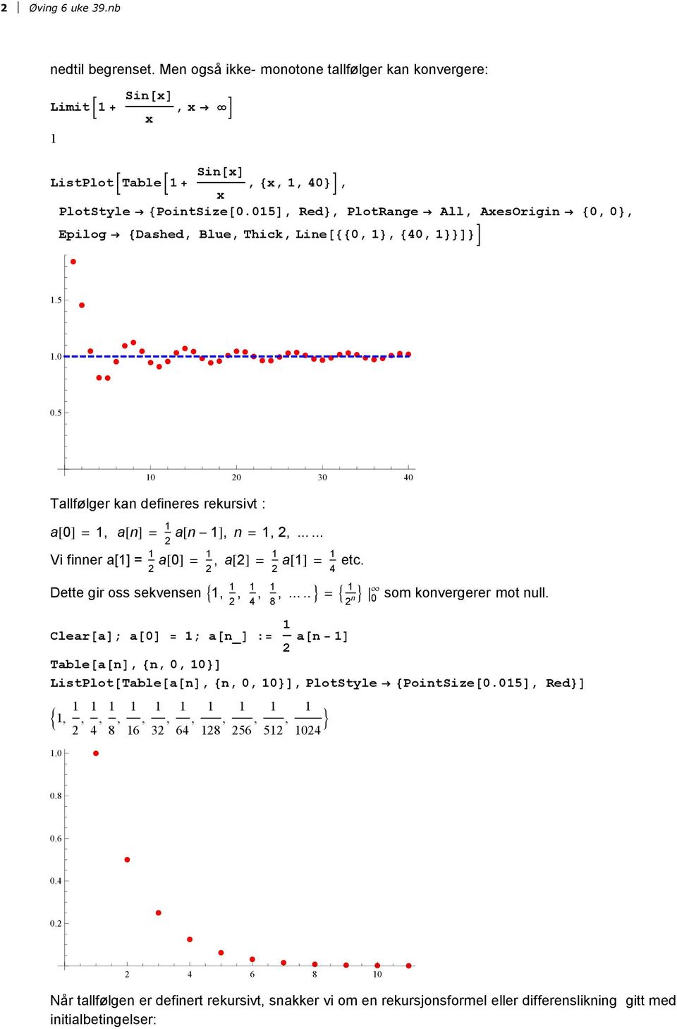 05D Red< PlotRange All AesOrigin 80 0< Sin@D ListPlotBTableB + Epilog 8Dashed Blue Thick Line@880 < 80 <<D<F.5.0 0.5 0 0 0 0 Tallfølger kan defineres rekursivt : a@0d = a@nd = Vi finner a[] = a@n - D n =.