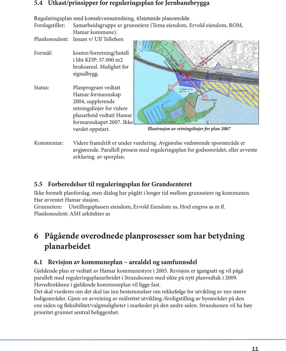 000 m2 bruksareal. Mulighet for signalbygg. Planprogram vedtatt Hamar formannskap 2004, supplerende retningslinjer for videre planarbeid vedtatt Hamar formannskapet 2007. Ikke varslet oppstart.