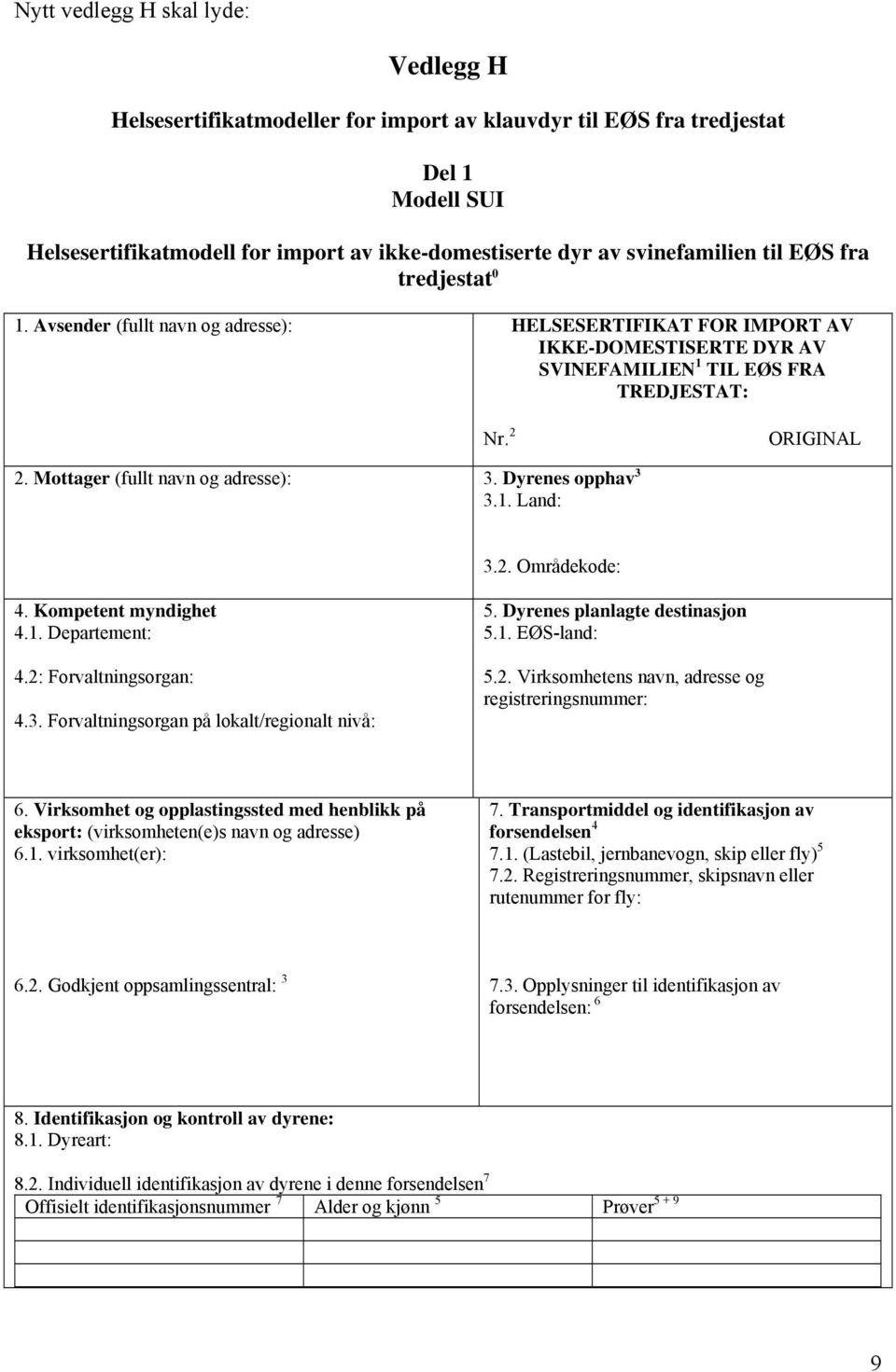 Mottager (fullt navn og adresse): 3. Dyrenes opphav 3 3.1. Land: 3.2. Områdekode: 4. Kompetent myndighet 4.1. Departement: 4.2: Forvaltningsorgan: 4.3. Forvaltningsorgan på lokalt/regionalt nivå: 5.