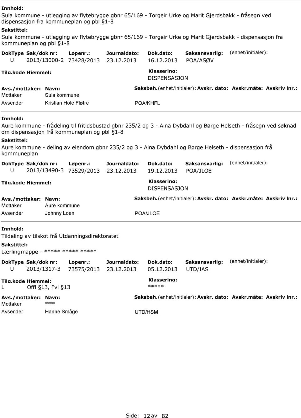 2013 POA/ASØV DSPENSASJON Mottaker Sula kommune Kristian Hole Fløtre POA/KHFL Aure kommune - frådeling til fritidsbustad gbnr 235/2 og 3 - Aina Dybdahl og Børge Helseth - fråsegn ved søknad om