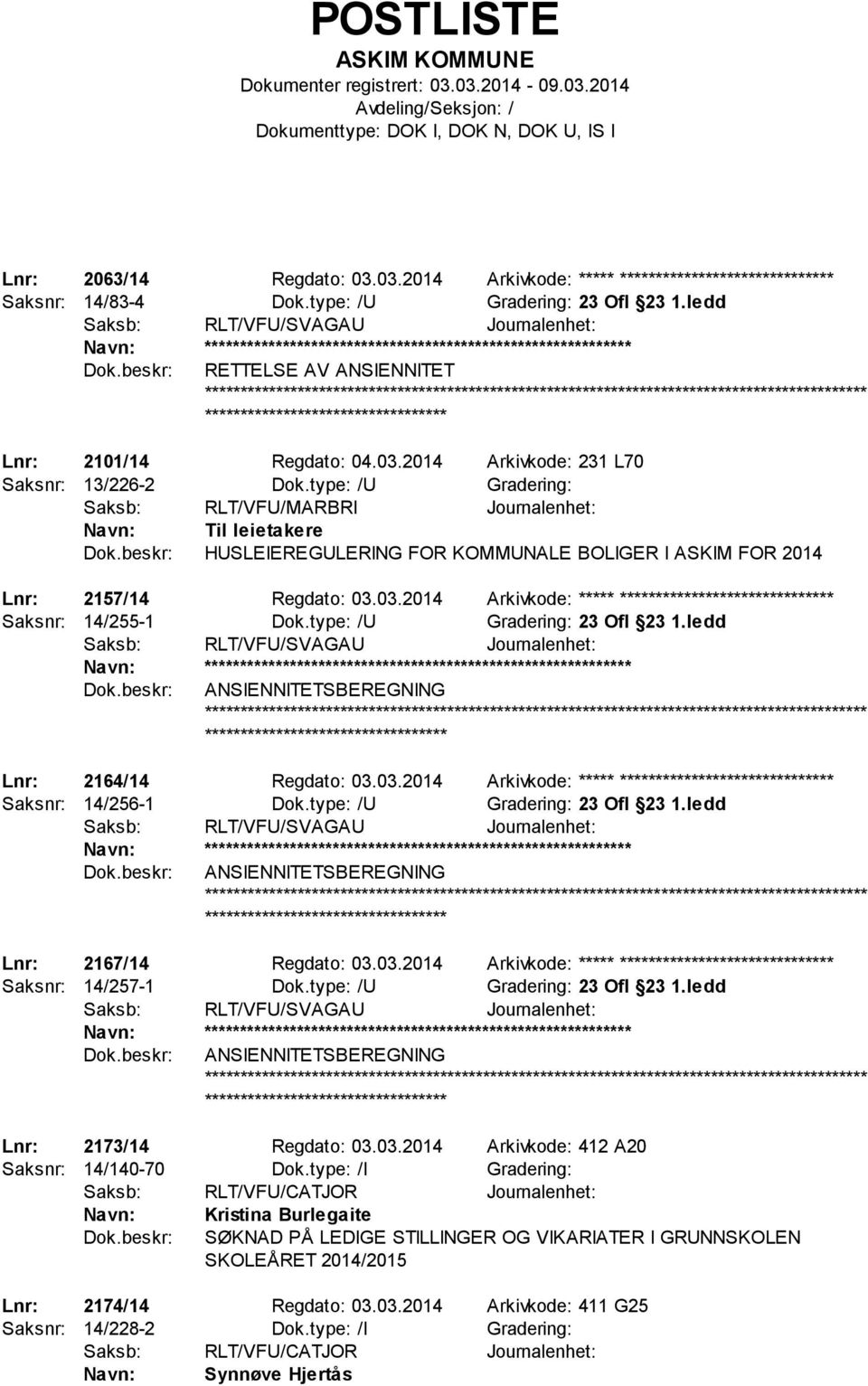 type: /U Gradering: Saksb: RLT/VFU/MARBRI Journalenhet: Til leietakere HUSLEIEREGULERING FOR KOMMUNALE BOLIGER I ASKIM FOR 2014 Lnr: 2157/14 Regdato: 03.