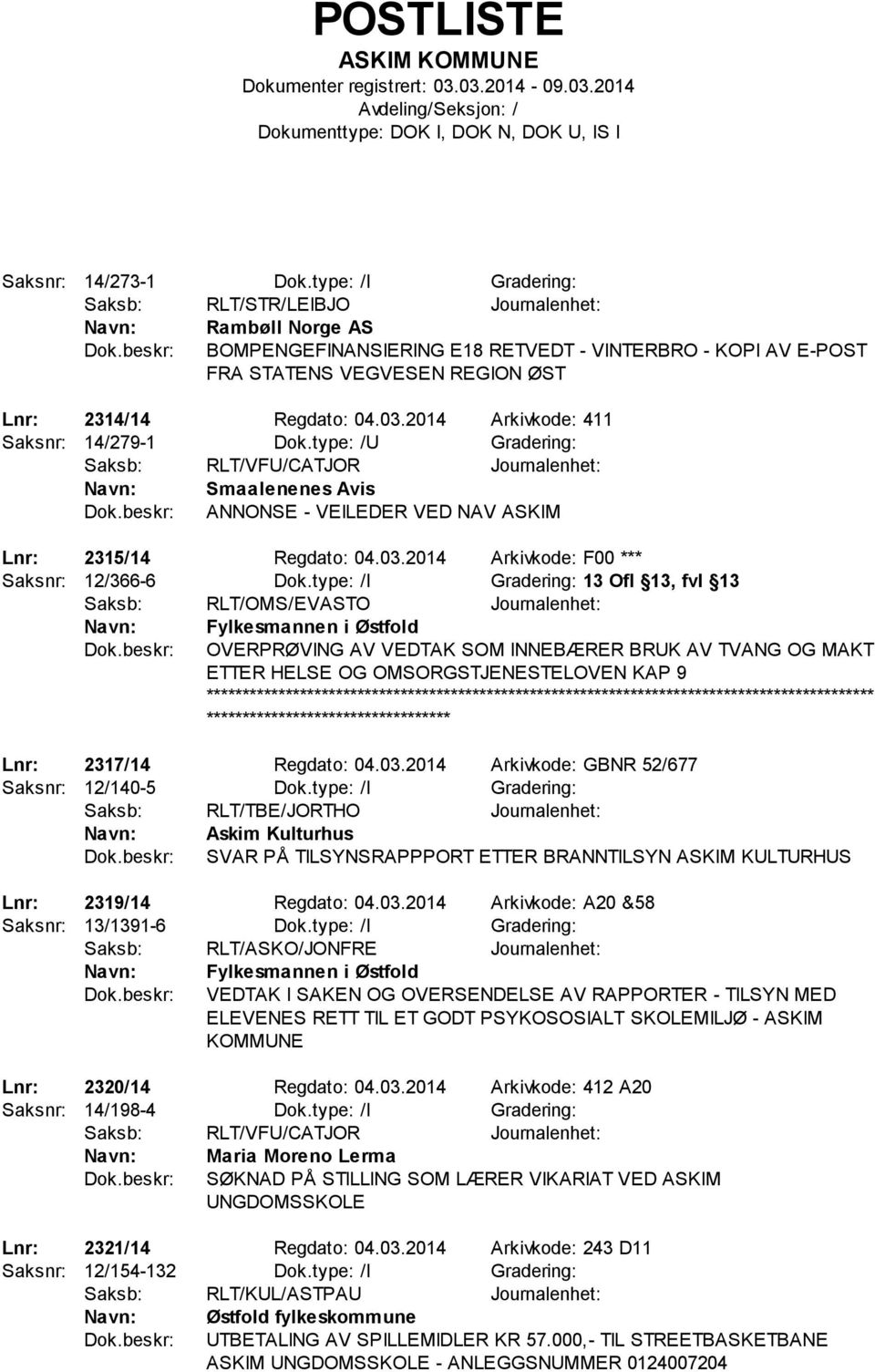 2014 Arkivkode: 411 Saksnr: 14/279-1 Dok.type: /U Gradering: Smaalenenes Avis ANNONSE - VEILEDER VED NAV ASKIM Lnr: 2315/14 Regdato: 04.03.2014 Arkivkode: F00 *** Saksnr: 12/366-6 Dok.