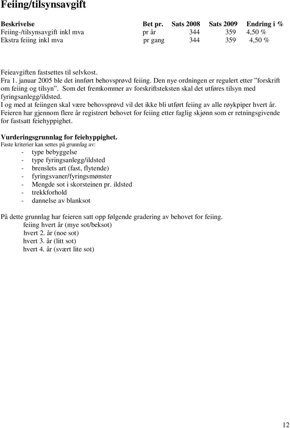 januar 2005 ble det innført behovsprøvd feiing. Den nye ordningen er regulert etter forskrift om feiing og tilsyn.