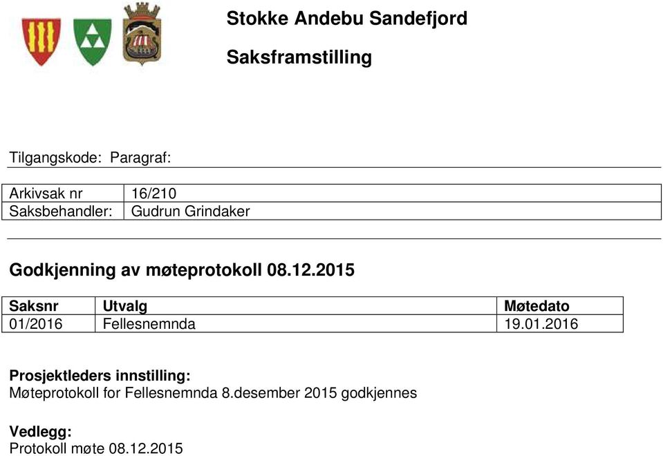 2015 Saksnr Utvalg Møtedato 01/2016 Fellesnemnda 19.01.2016 Prosjektleders innstilling: Møteprotokoll for Fellesnemnda 8.