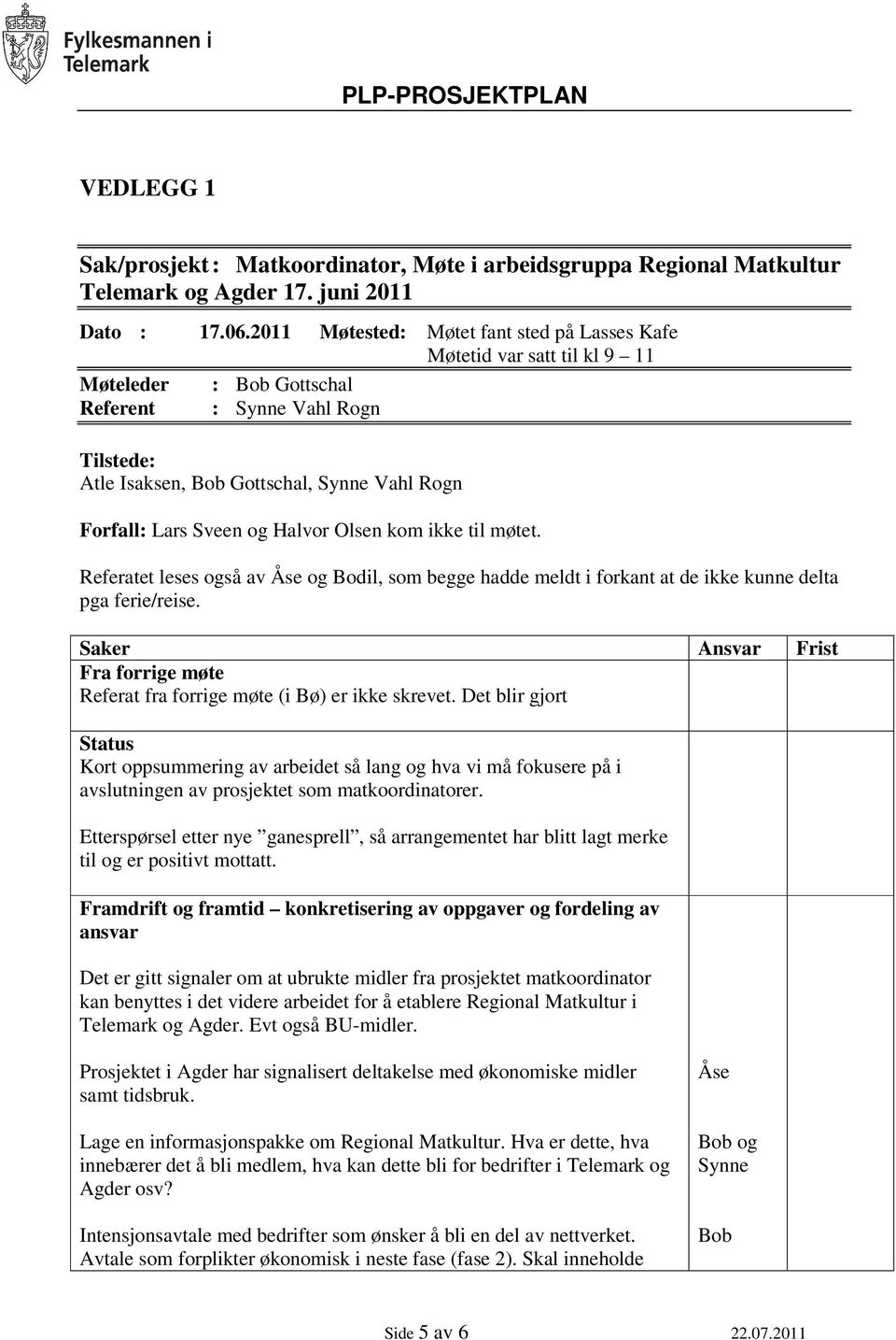 Sveen og Halvor Olsen kom ikke til møtet. Referatet leses også av Åse og Bodil, som begge hadde meldt i forkant at de ikke kunne delta pga ferie/reise.