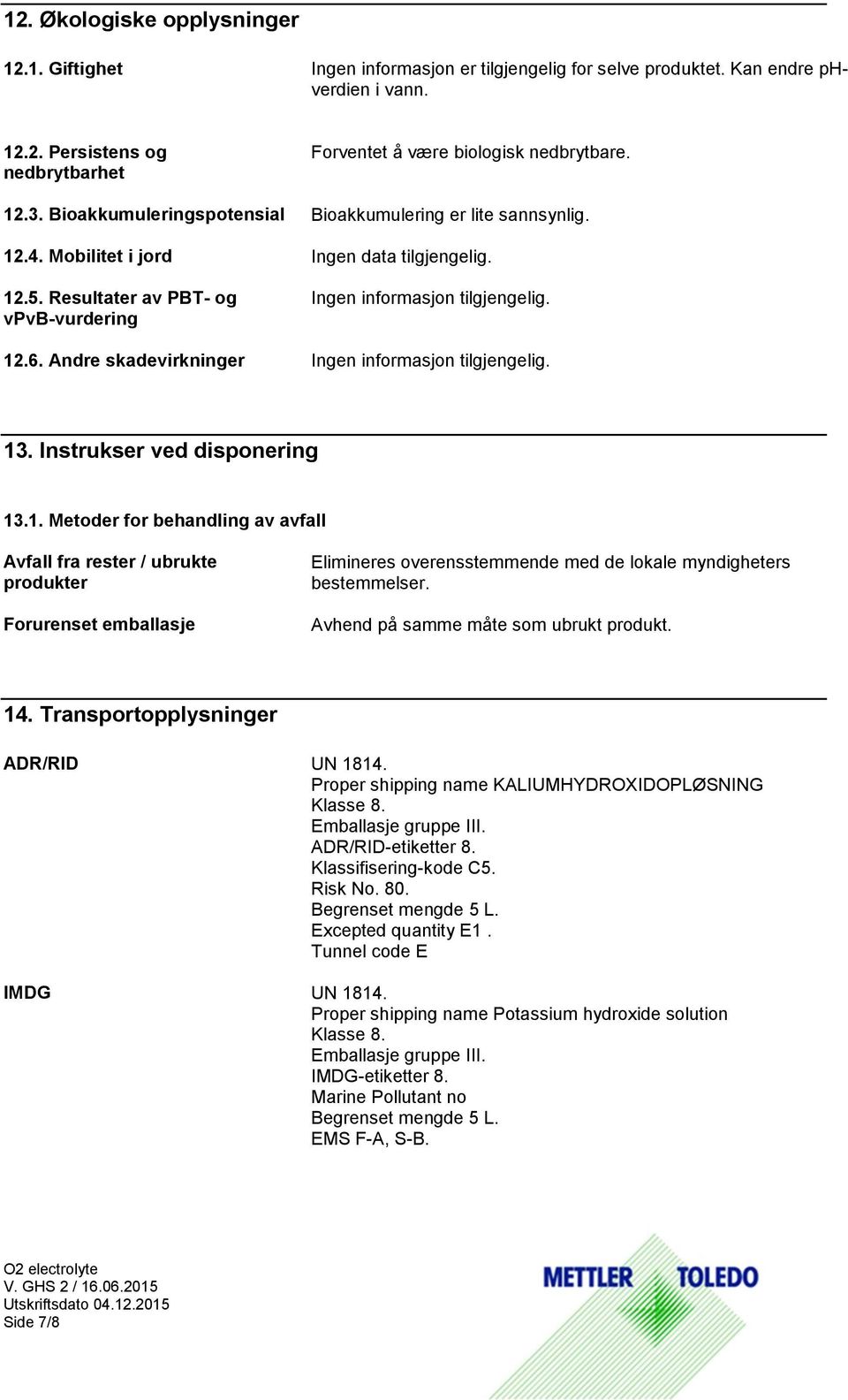 Avhend på samme måte som ubrukt produkt. 14. Transportopplysninger ADR/RID UN 1814. Proper shipping name KALIUMHYDROXIDOPLØSNING Klasse 8. Emballasje gruppe III. ADR/RID-etiketter 8.