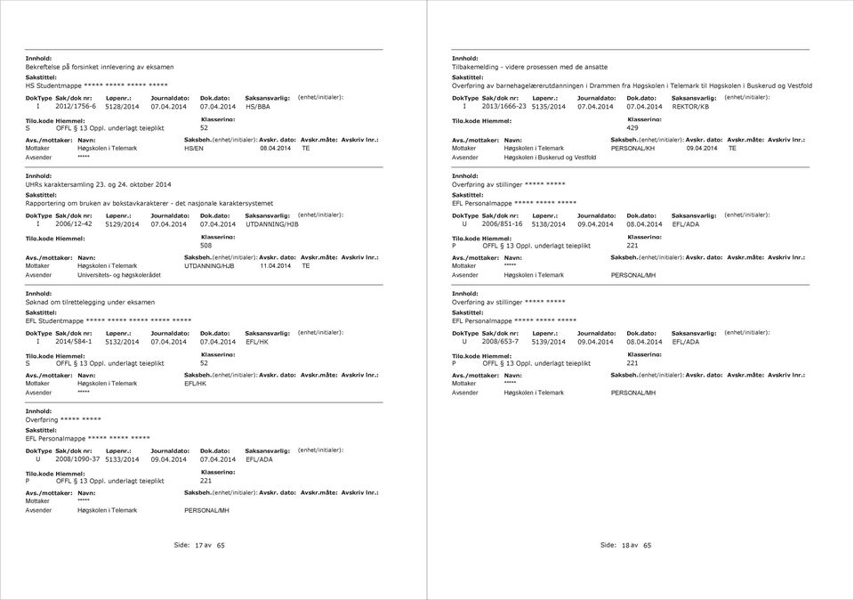 oktober 2014 Overføring av stillinger Rapportering om bruken av bokstavkarakterer - det nasjonale karaktersystemet EFL Personalmappe 2006/12-42 5129/2014 TDAG/HJB 2006/851-16 5138/2014 EFL/ADA 508