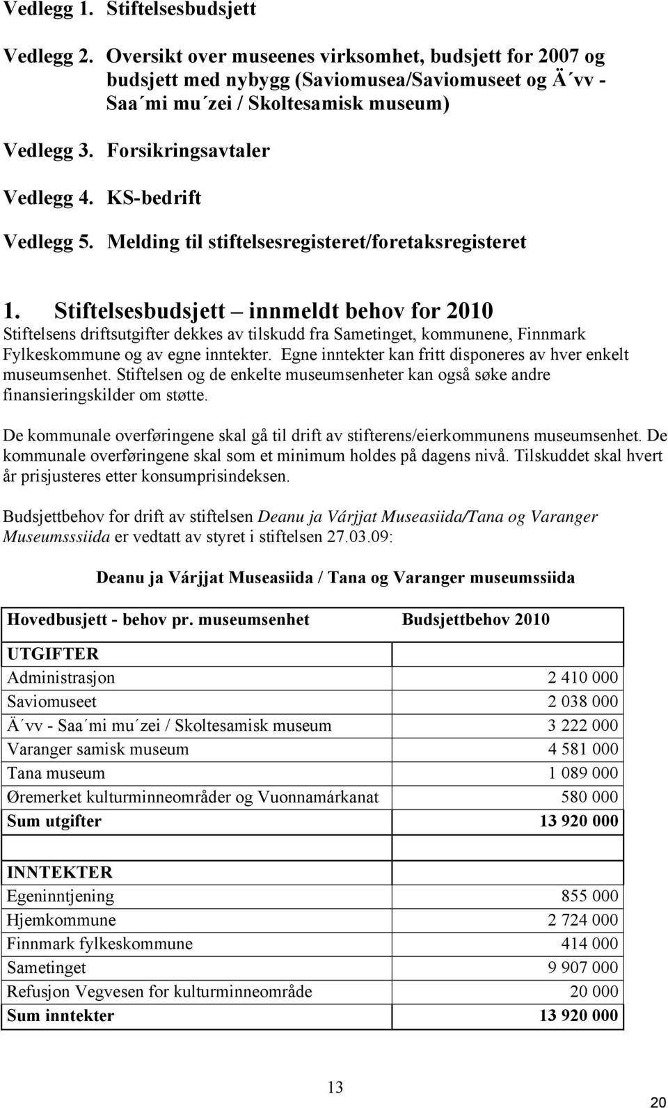 Stiftelsesbudsjett innmeldt behov for 2010 Stiftelsens driftsutgifter dekkes av tilskudd fra Sametinget, kommunene, Finnmark Fylkeskommune og av egne inntekter.