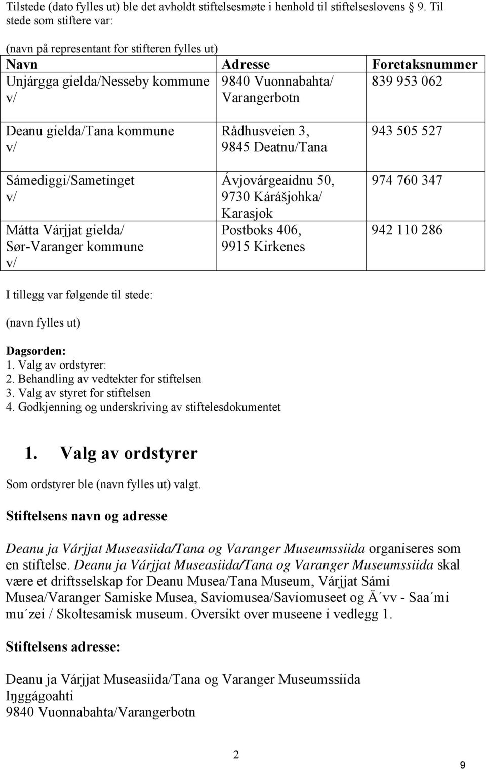 kommune v/ Sámediggi/Sametinget v/ Mátta Várjjat gielda/ SørVaranger kommune v/ I tillegg var følgende til stede: (navn fylles ut) Rådhusveien 3, 9845 Deatnu/Tana Ávjovárgeaidnu 50, 9730 Kárášjohka/