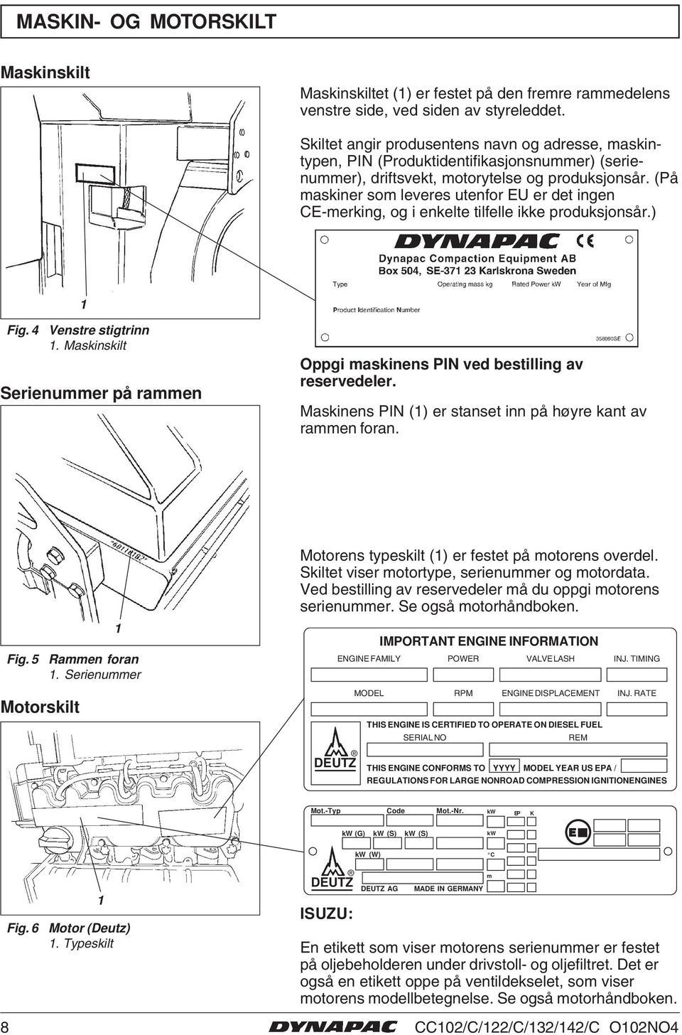 (På maskiner som leveres utenfor EU er det ingen CE-merking, og i enkelte tilfelle ikke produksjonsår.) Fig. 4 Venstre stigtrinn.