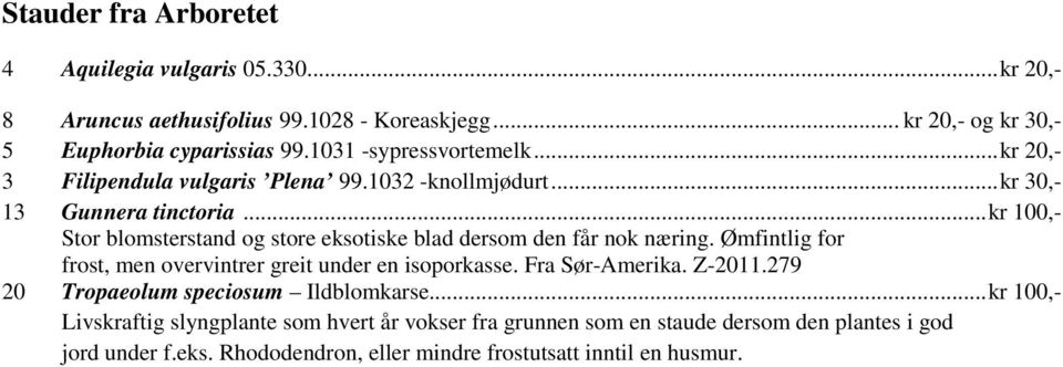 .. kr 100,- Stor blomsterstand og store eksotiske blad dersom den får nok næring. Ømfintlig for frost, men overvintrer greit under en isoporkasse. Fra Sør-Amerika.