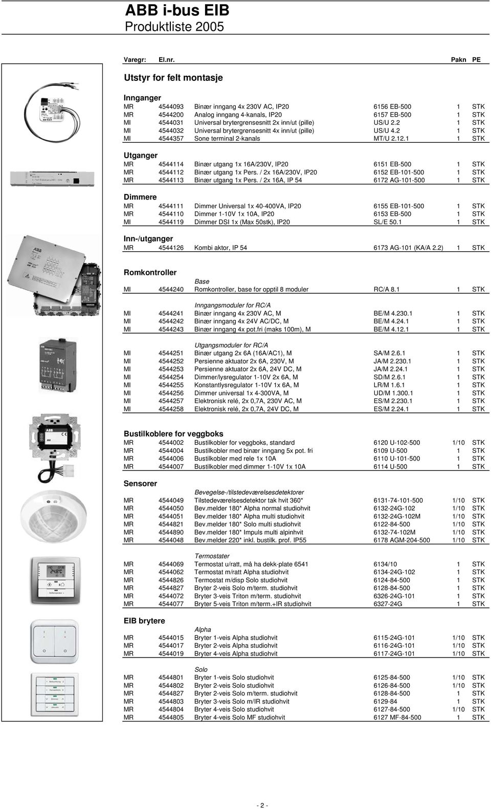 1 1 STK Utganger MR 4544114 Binær utgang 1x 16A/230V, IP20 6151 EB-500 1 STK MR 4544112 Binær utgang 1x Pers. / 2x 16A/230V, IP20 6152 EB-101-500 1 STK MR 4544113 Binær utgang 1x Pers.