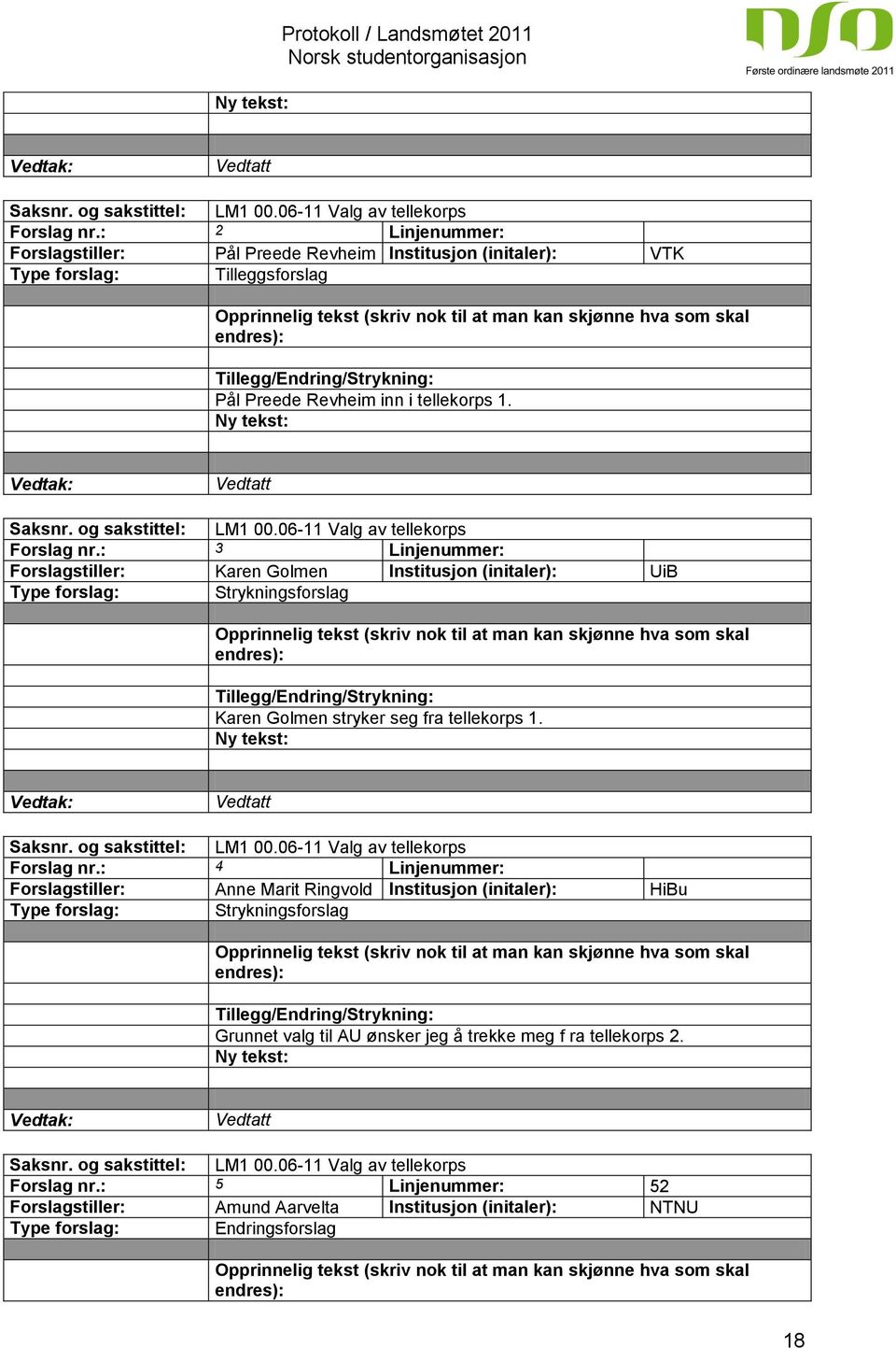 tellekorps 1. Saksnr. og sakstittel: LM1 00.06-11 Valg av tellekorps Forslag nr.