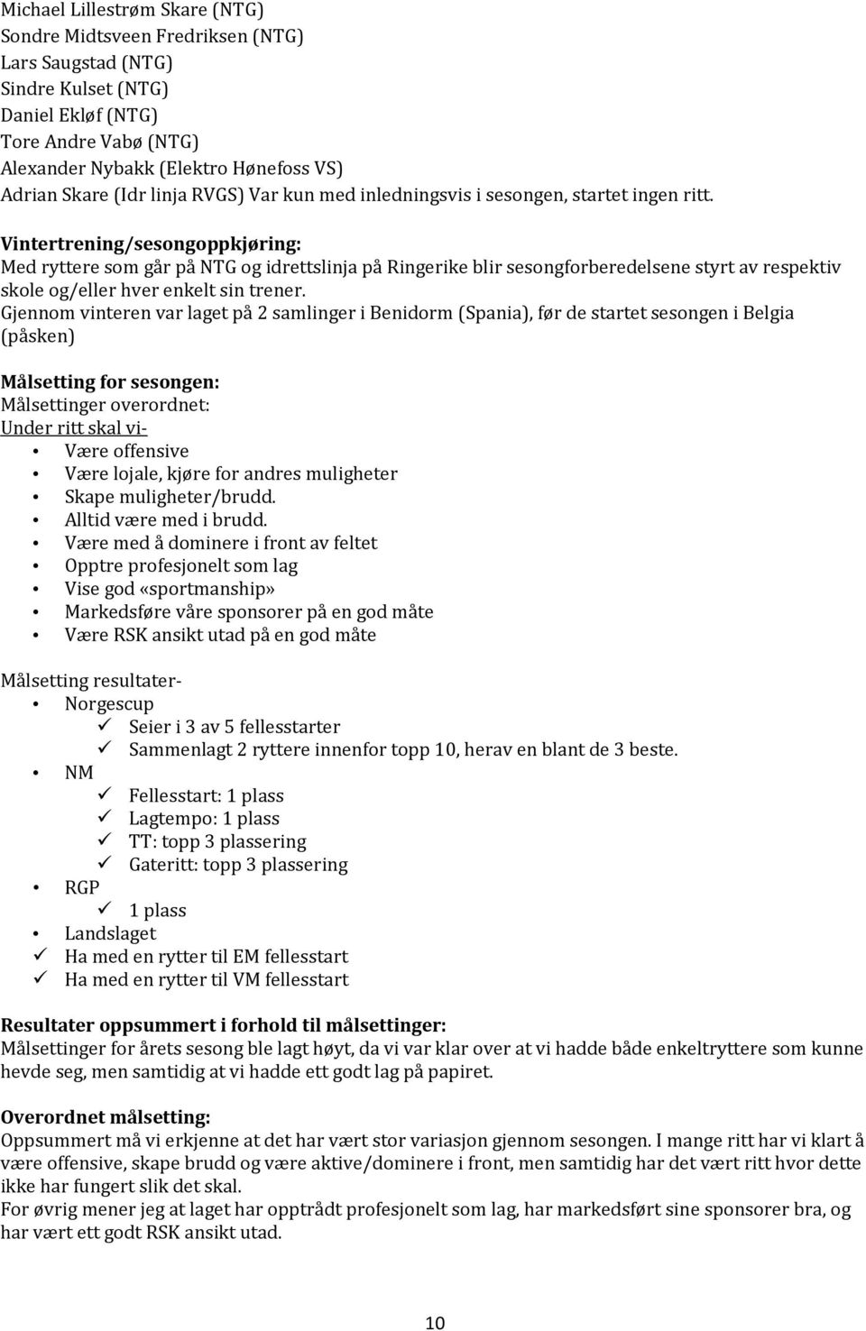 Vintertrening/sesongoppkjøring: Med ryttere som går på NTG og idrettslinja på Ringerike blir sesongforberedelsene styrt av respektiv skole og/eller hver enkelt sin trener.