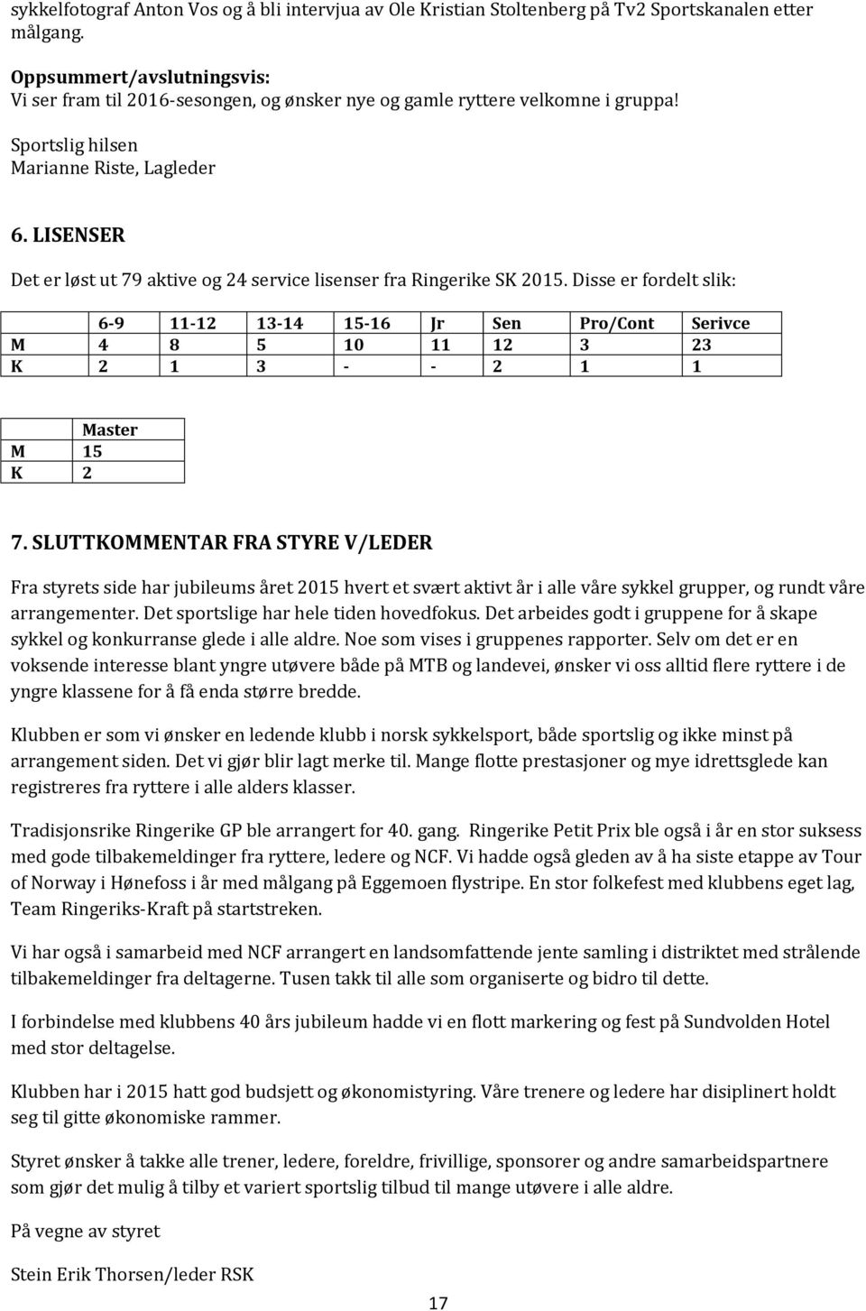 LISENSER Det er løst ut 79 aktive og 24 service lisenser fra Ringerike SK 2015.