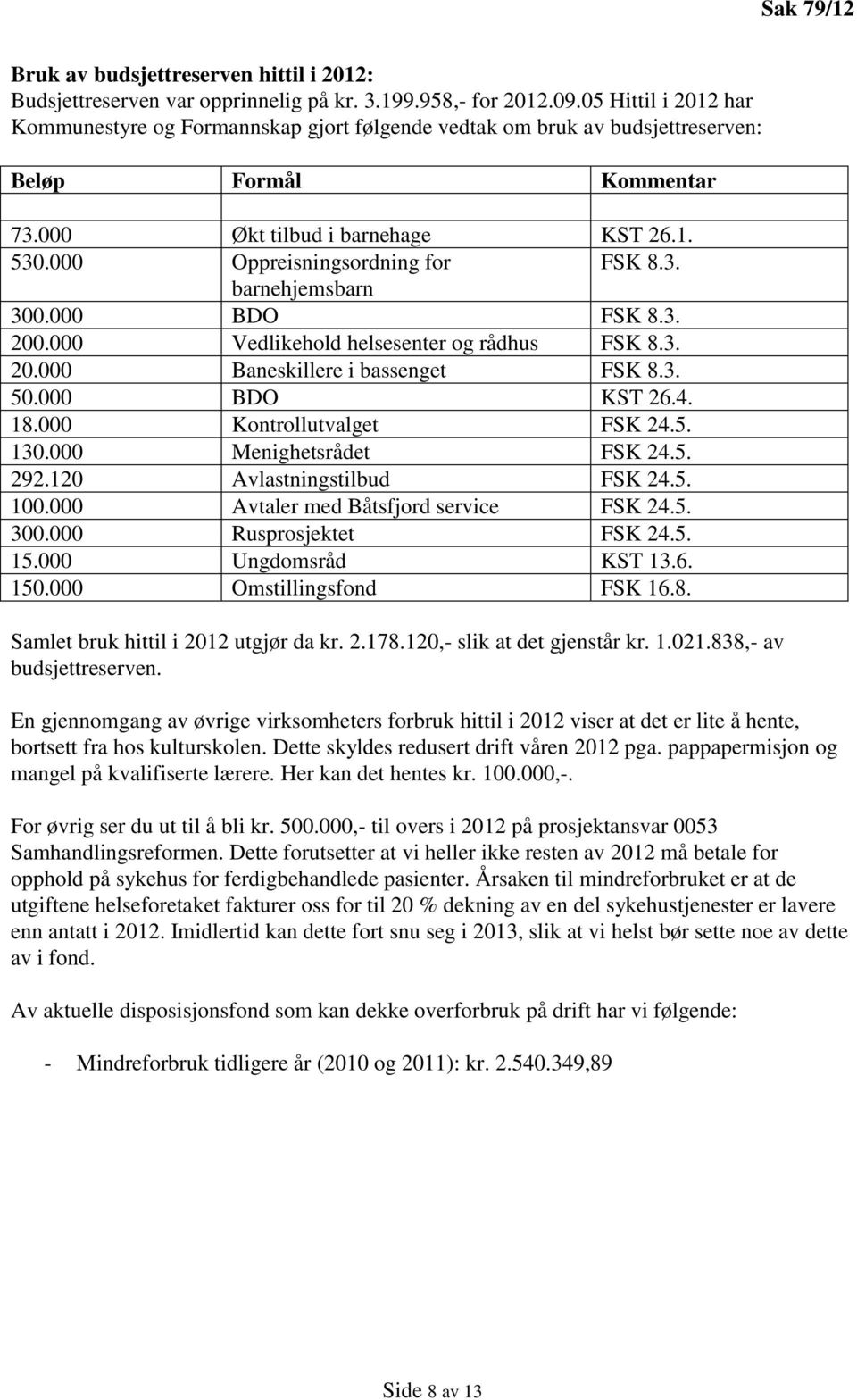 000 Oppreisningsordning for FSK 8.3. barnehjemsbarn 300.000 BDO FSK 8.3. 200.000 Vedlikehold helsesenter og rådhus FSK 8.3. 20.000 Baneskillere i bassenget FSK 8.3. 50.000 BDO KST 26.4. 18.