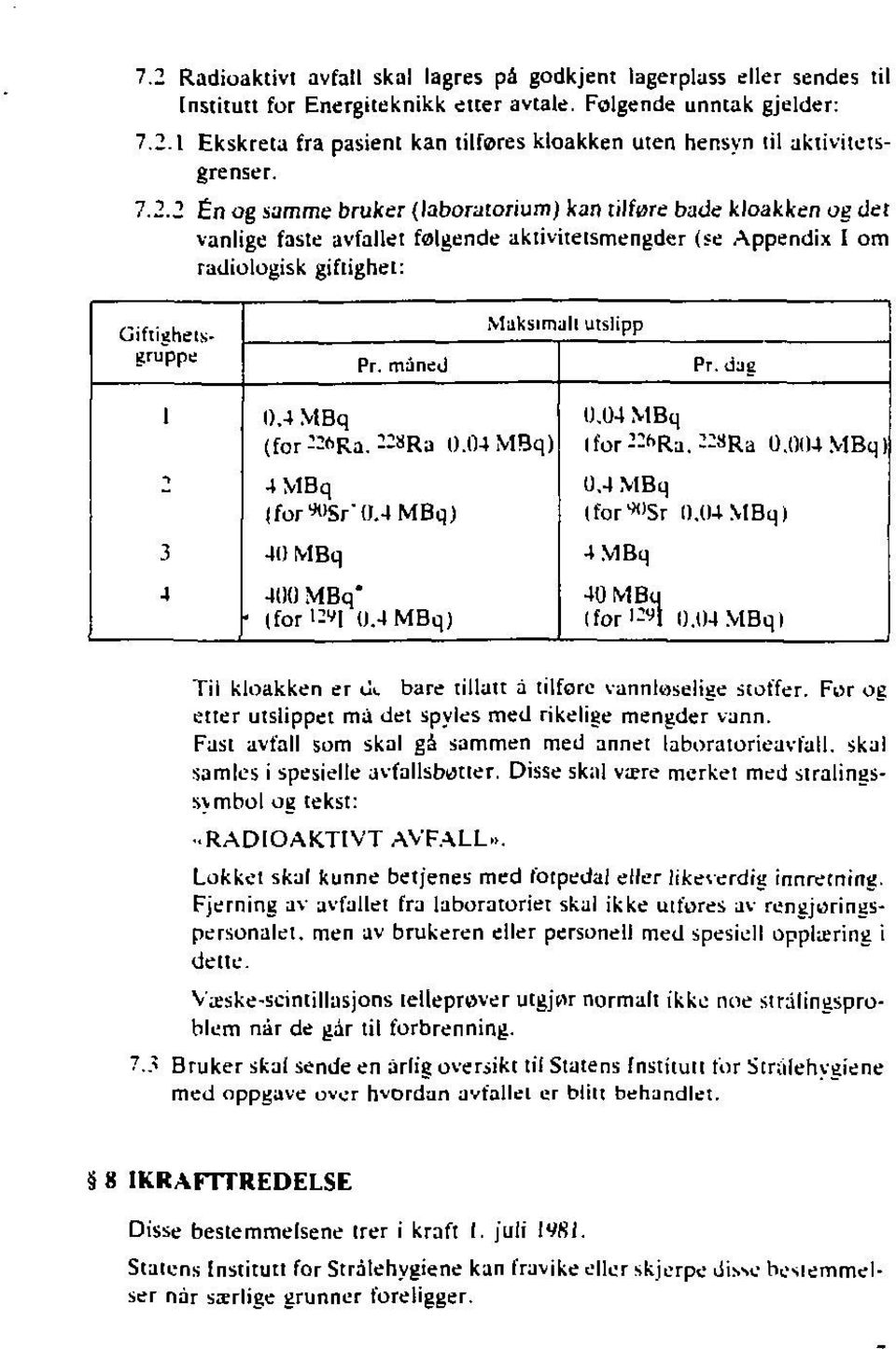 4mbq) 40 MBq 400 MBq" (for'^1 u.4mbq) 0.04 MBq lfor-»ra.--sra 0.004 MBq) 0.4 MBq Ifor^Sr IMWMBq) 4 MBq 40 MBq Ifor l- y I 0.04 MBql Tii kloakken er UL bare tillått a tilfare vannloselige st offer.