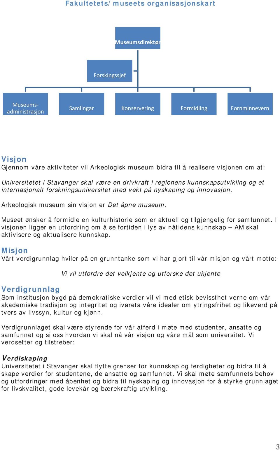 Arkeologisk museum sin visjon er Det åpne museum. Museet ønsker å formidle en kulturhistorie som er aktuell og tilgjengelig for samfunnet.