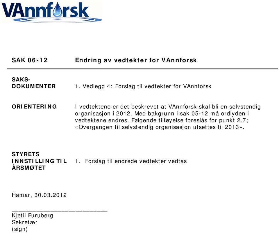 selvstendig organisasjon i 2012. Med bakgrunn i sak 05-12 må ordlyden i vedtektene endres.