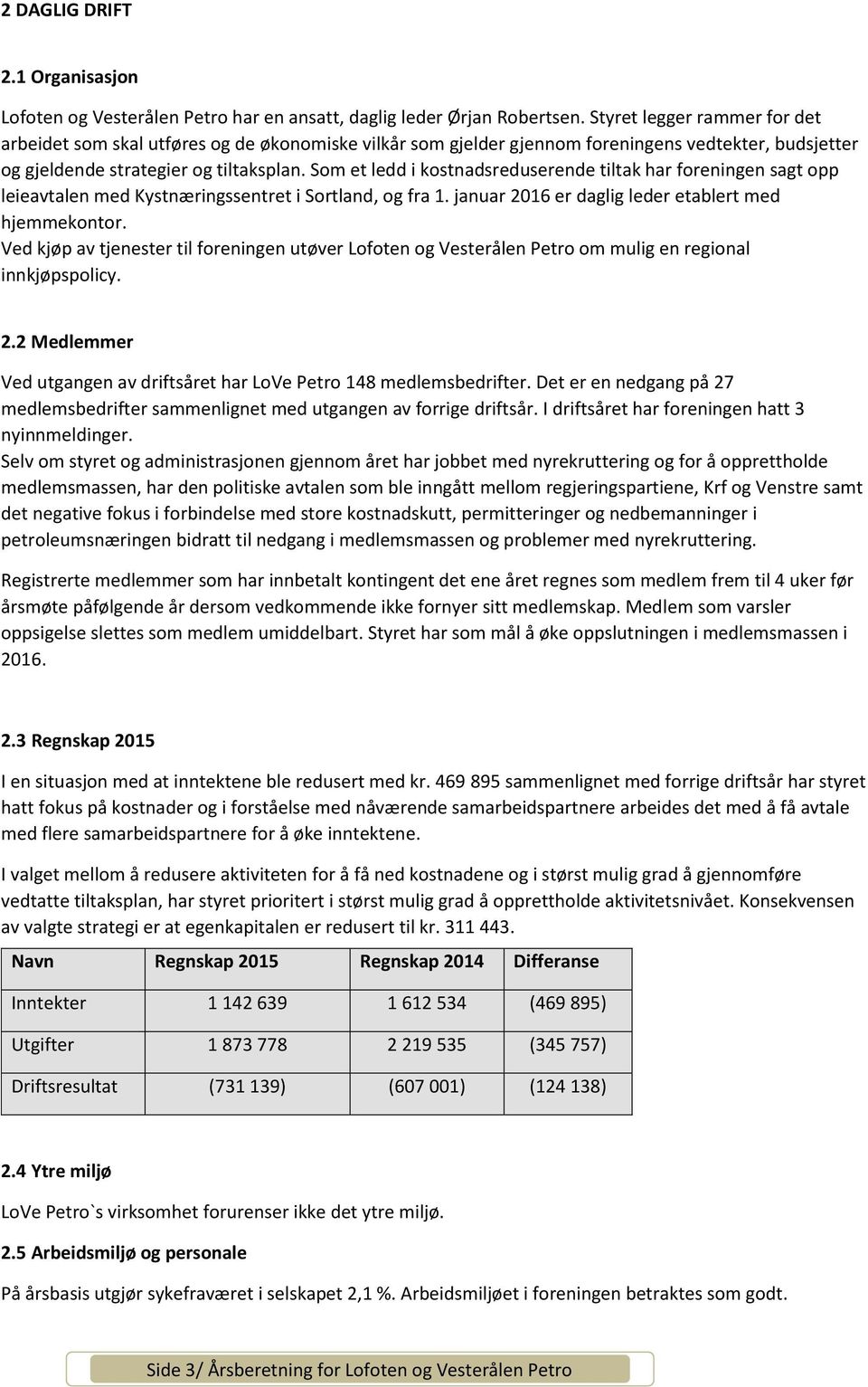 Som et ledd i kostnadsreduserende tiltak har foreningen sagt opp leieavtalen med Kystnæringssentret i Sortland, og fra 1. januar 2016 er daglig leder etablert med hjemmekontor.