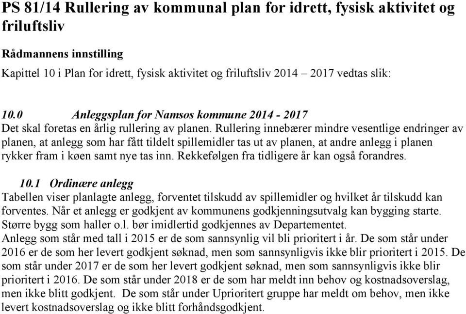 Rullering innebærer mindre vesentlige endringer av planen, at anlegg som har fått tildelt spillemidler tas ut av planen, at andre anlegg i planen rykker fram i køen samt nye tas inn.