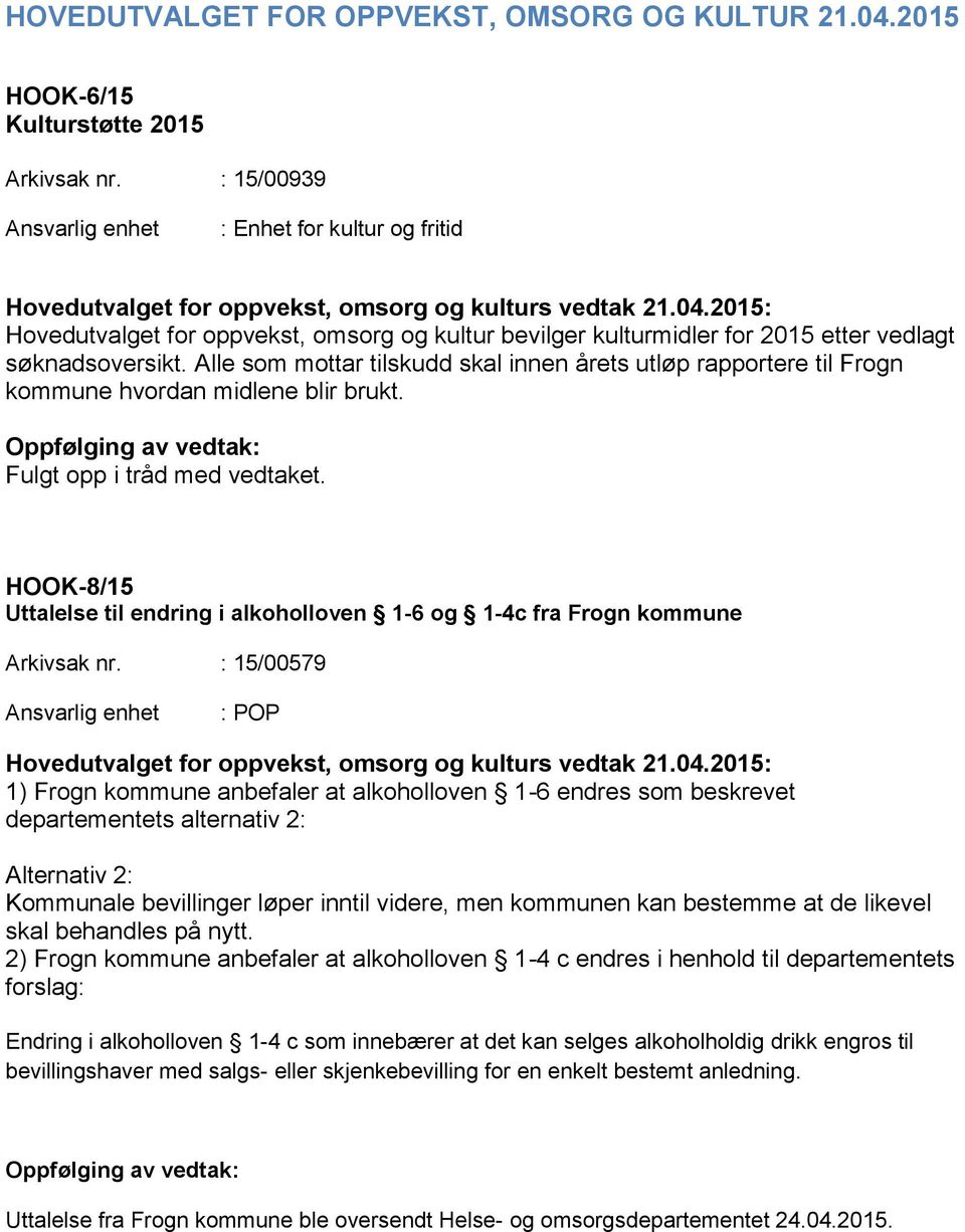 HOOK-8/15 Uttalelse til endring i alkoholloven 1-6 og 1-4c fra Frogn kommune Arkivsak nr. : 15/00579 : POP Hovedutvalget for oppvekst, omsorg og kulturs vedtak 21.04.