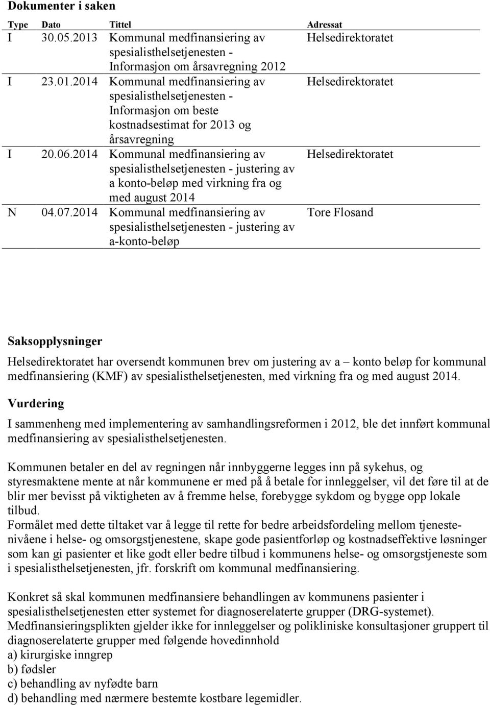 2014 Kommunal medfinansiering av spesialisthelsetjenesten - justering av a-konto-beløp Helsedirektoratet Helsedirektoratet Helsedirektoratet Tore Flosand Saksopplysninger Helsedirektoratet har