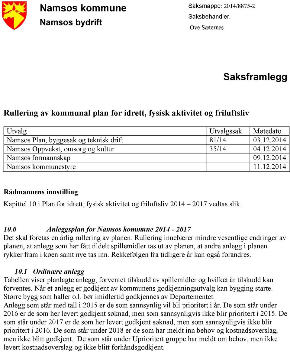 0 Anleggsplan for Namsos kommune 2014-2017 Det skal foretas en årlig rullering av planen.