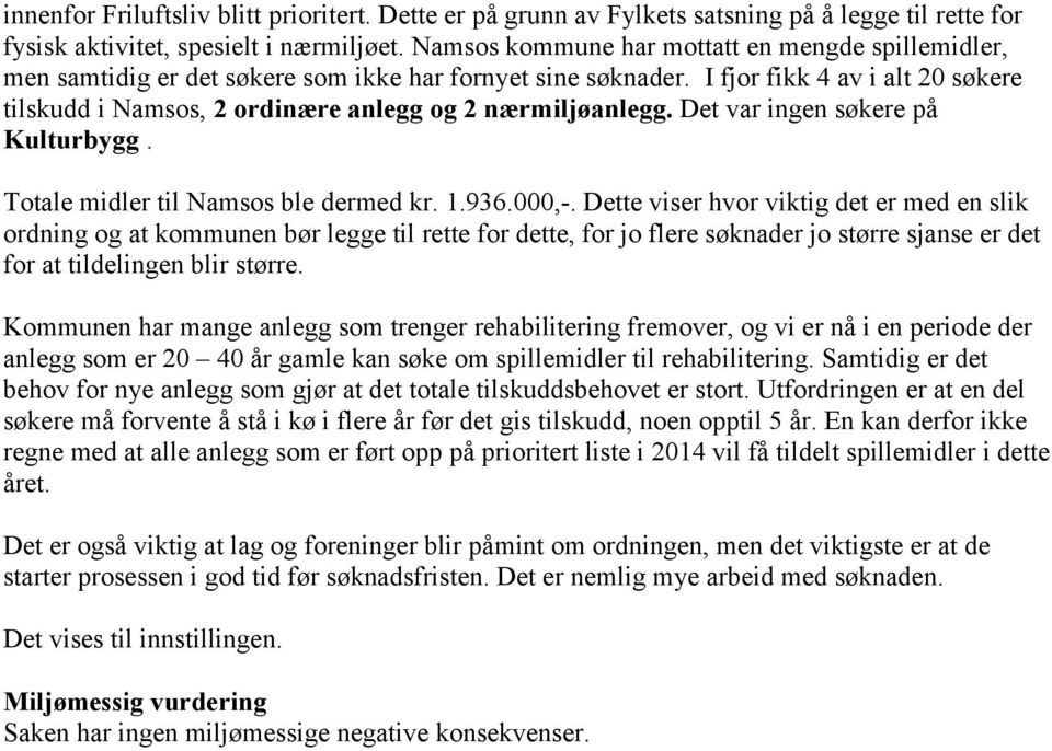 I fjor fikk 4 av i alt 20 søkere tilskudd i Namsos, 2 ordinære anlegg og 2 nærmiljøanlegg. Det var ingen søkere på Kulturbygg. Totale midler til Namsos ble dermed kr. 1.936.000,-.