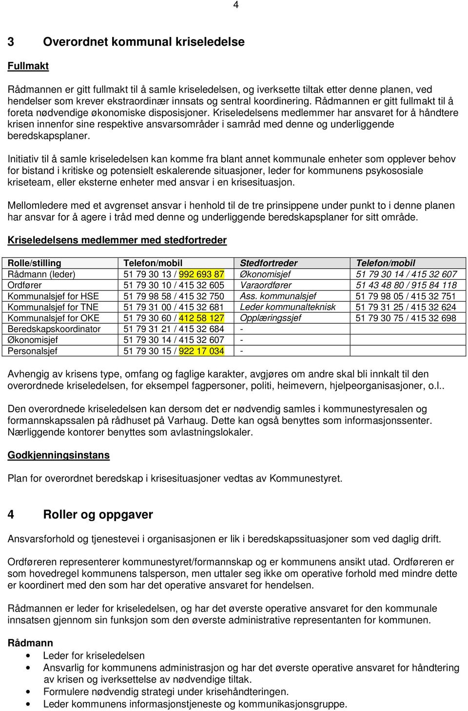 Kriseledelsens medlemmer har ansvaret for å håndtere krisen innenfor sine respektive ansvarsområder i samråd med denne og underliggende beredskapsplaner.