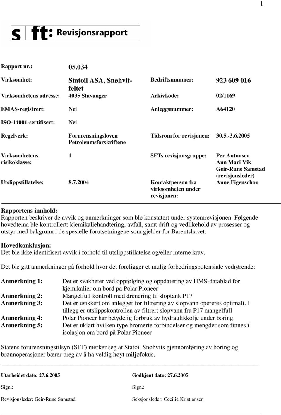 Regelverk: Forurensningsloven Petroleumsforskriftene Tidsrom for revisjonen: 30.5.-3.6.