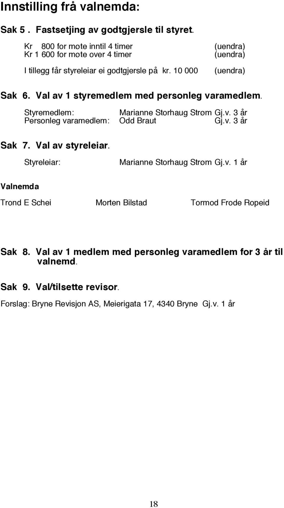 Val av 1 styremedlem med personleg varamedlem. Styremedlem: Marianne Storhaug Strøm Gj.v. 3 år Personleg varamedlem: Odd Braut Gj.v. 3 år Sak 7. Val av styreleiar.