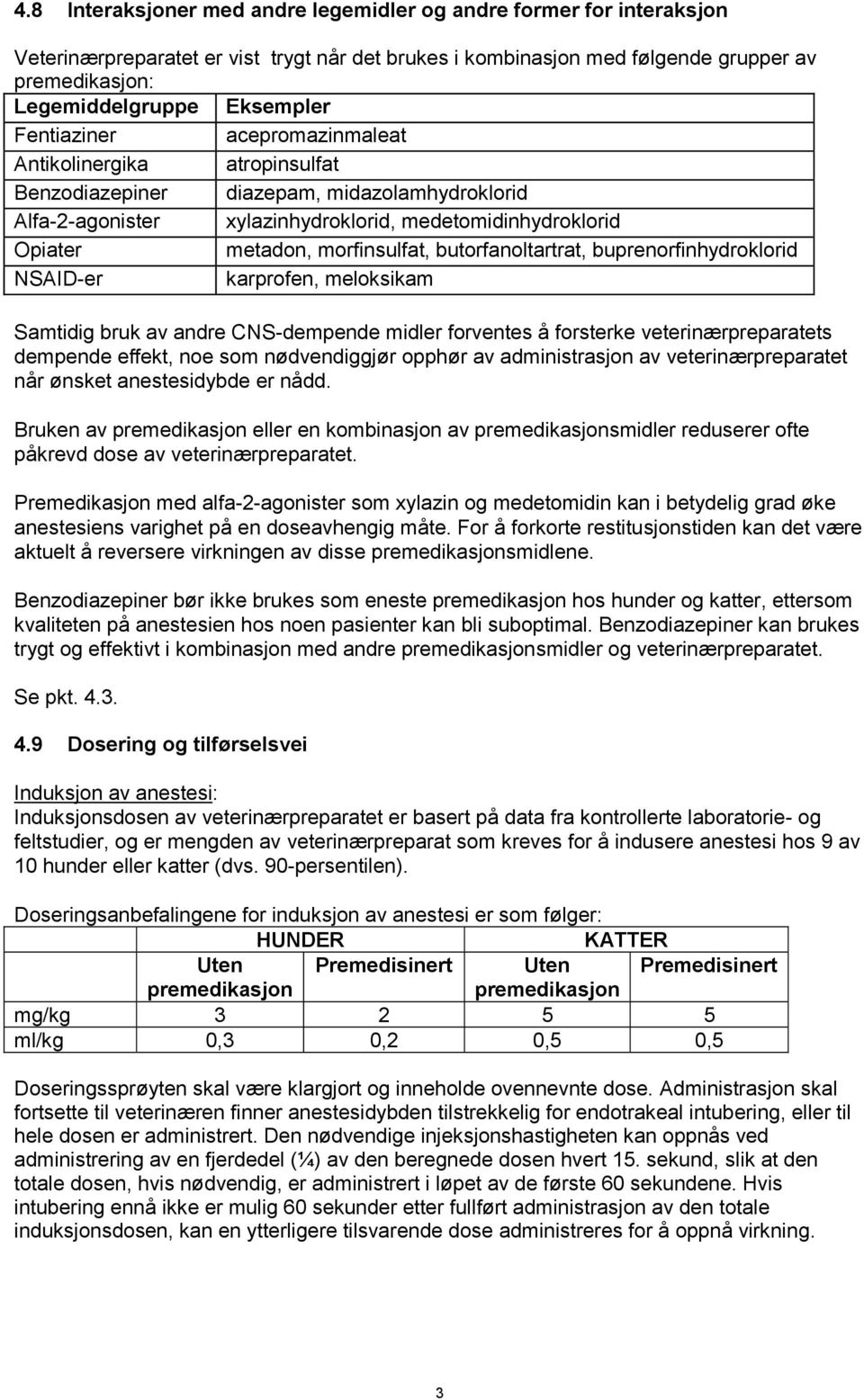 butorfanoltartrat, buprenorfinhydroklorid NSAID-er karprofen, meloksikam Samtidig bruk av andre CNS-dempende midler forventes å forsterke veterinærpreparatets dempende effekt, noe som nødvendiggjør