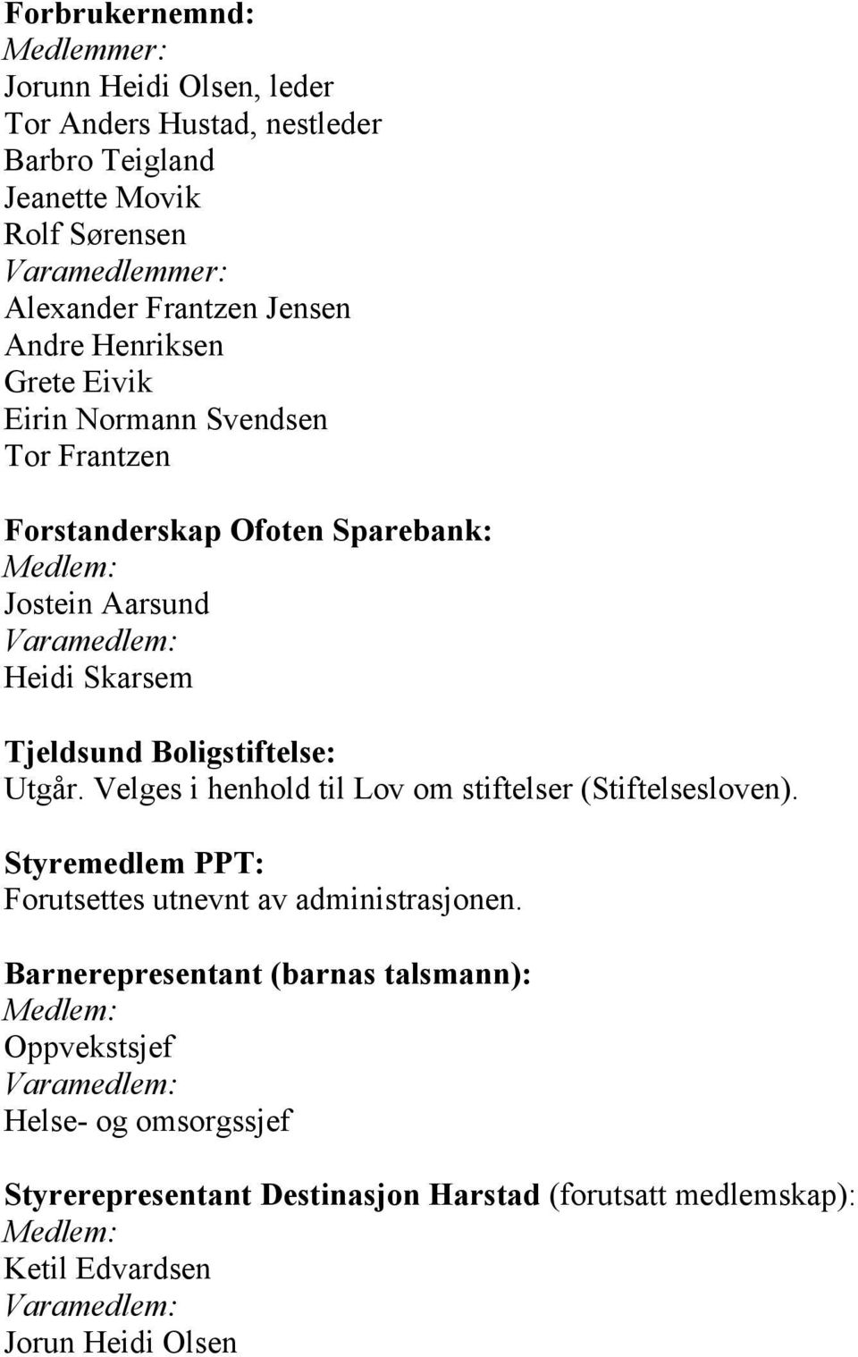 Utgår. Velges i henhold til Lov om stiftelser (Stiftelsesloven). Styremedlem PPT: Forutsettes utnevnt av administrasjonen.