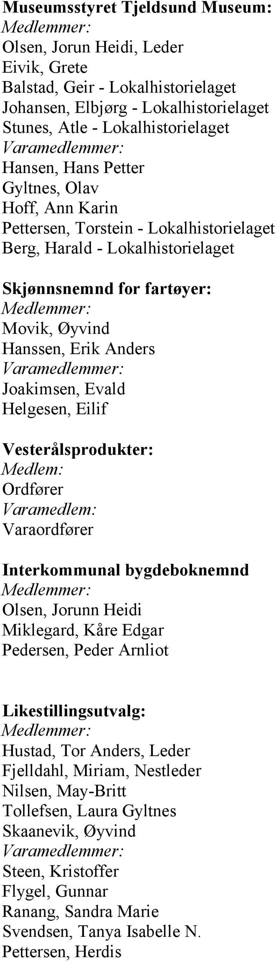 Helgesen, Eilif Vesterålsprodukter: Medlem: Ordfører Varamedlem: Varaordfører Interkommunal bygdeboknemnd Olsen, Jorunn Heidi Miklegard, Kåre Edgar Pedersen, Peder Arnliot Likestillingsutvalg: