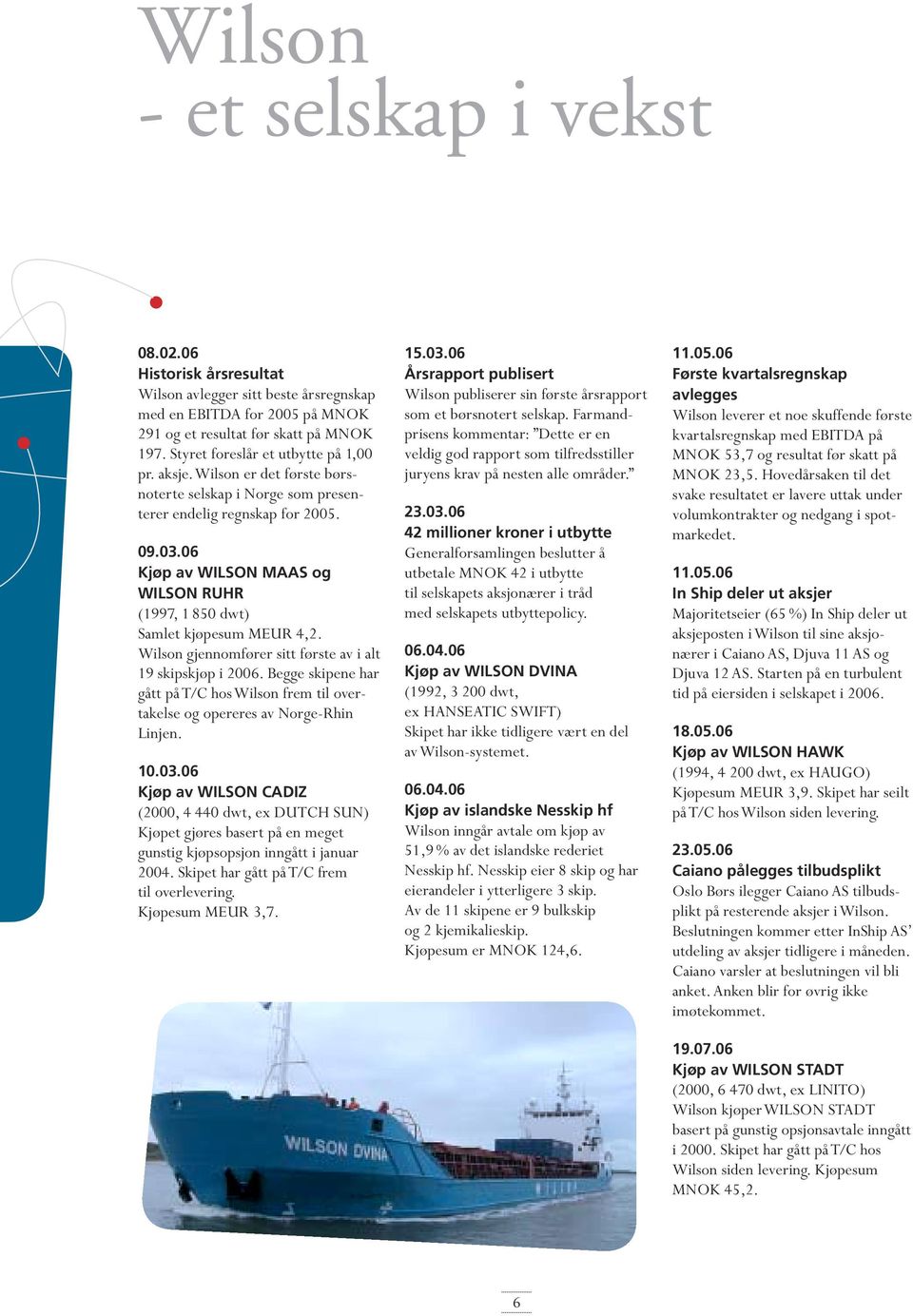 06 Kjøp av WILSON MAAS og WILSON RUHR (1997, 1 850 dwt) Samlet kjøpesum MEUR 4,2. Wilson gjennomfører sitt første av i alt 19 skipskjøp i 2006.