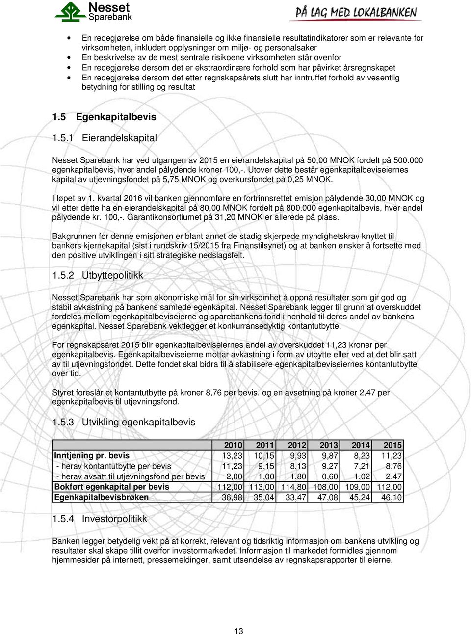 vesentlig betydning for stilling og resultat 1.5 Egenkapitalbevis 1.5.1 Eierandelskapital Nesset Sparebank har ved utgangen av 2015 en eierandelskapital på 50,00 MNOK fordelt på 500.