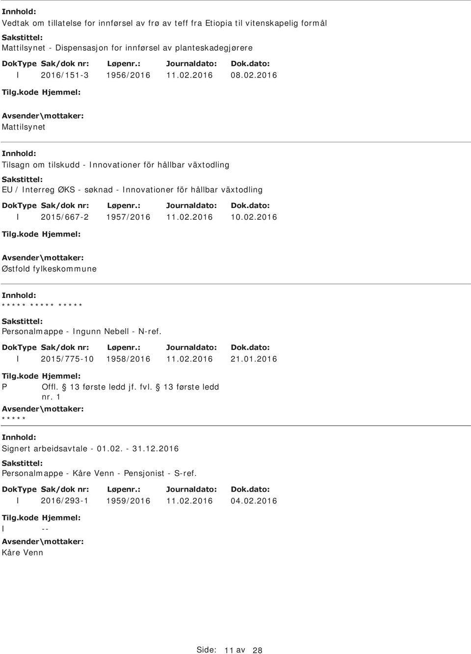 2015/667-2 1957/2016 10.02.2016 Østfold fylkeskommune Personalmappe - ngunn Nebell - N-ref. 2015/775-10 1958/2016 21.01.2016 P Offl. 13 første ledd jf. fvl.