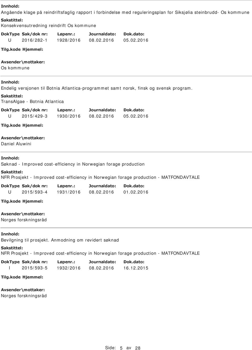 2016 Daniel Aluwini Søknad - mproved cost-efficiency in Norwegian forage production NFR Prosjekt - mproved cost-efficiency in Norwegian forage production - MATFONDAVTALE 2015/593-4 1931/2016