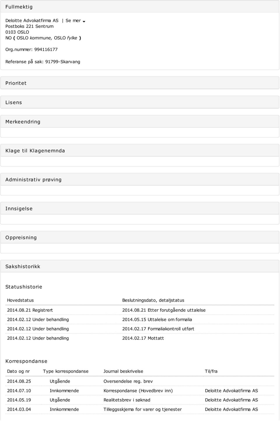 Beslutningsdato, detaljstatus 2014.08.21 Registrert 2014.08.21 Etter forutgående uttalelse 2014.02.12 Under behandling 2014.05.15 Uttalelse om formalia 2014.02.12 Under behandling 2014.02.17 Formaliakontroll utført 2014.