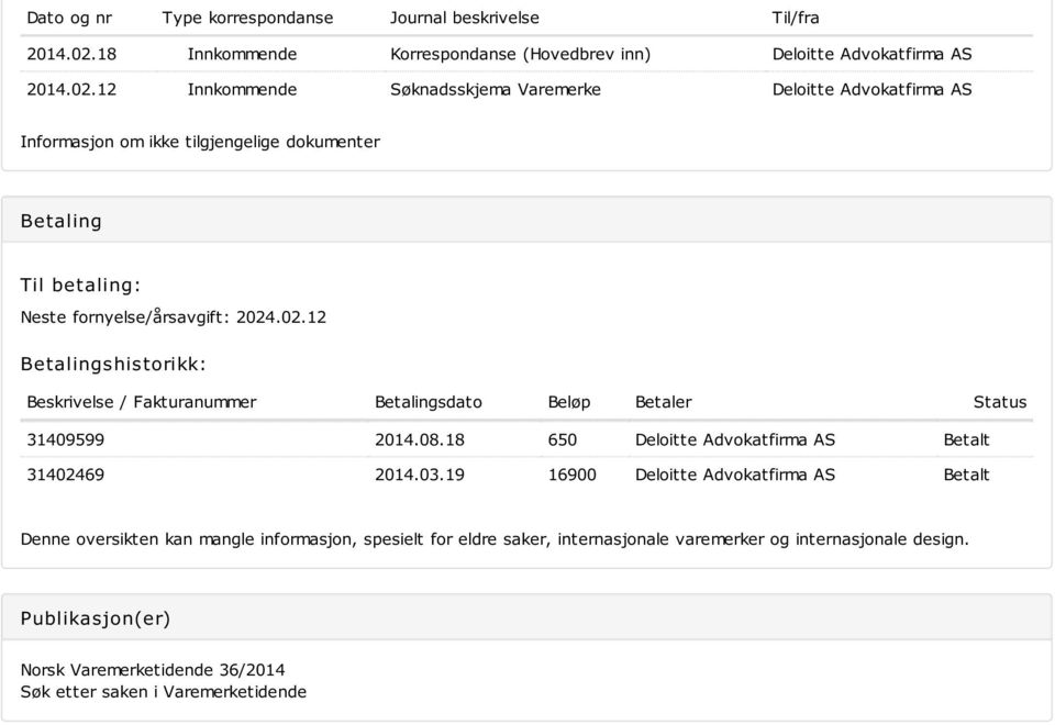 12 Innkommende Søknadsskjema Varemerke Deloitte Advokatfirma AS Informasjon om ikke tilgjengelige dokumenter Betaling Til betaling: Neste fornyelse/årsavgift: 2024