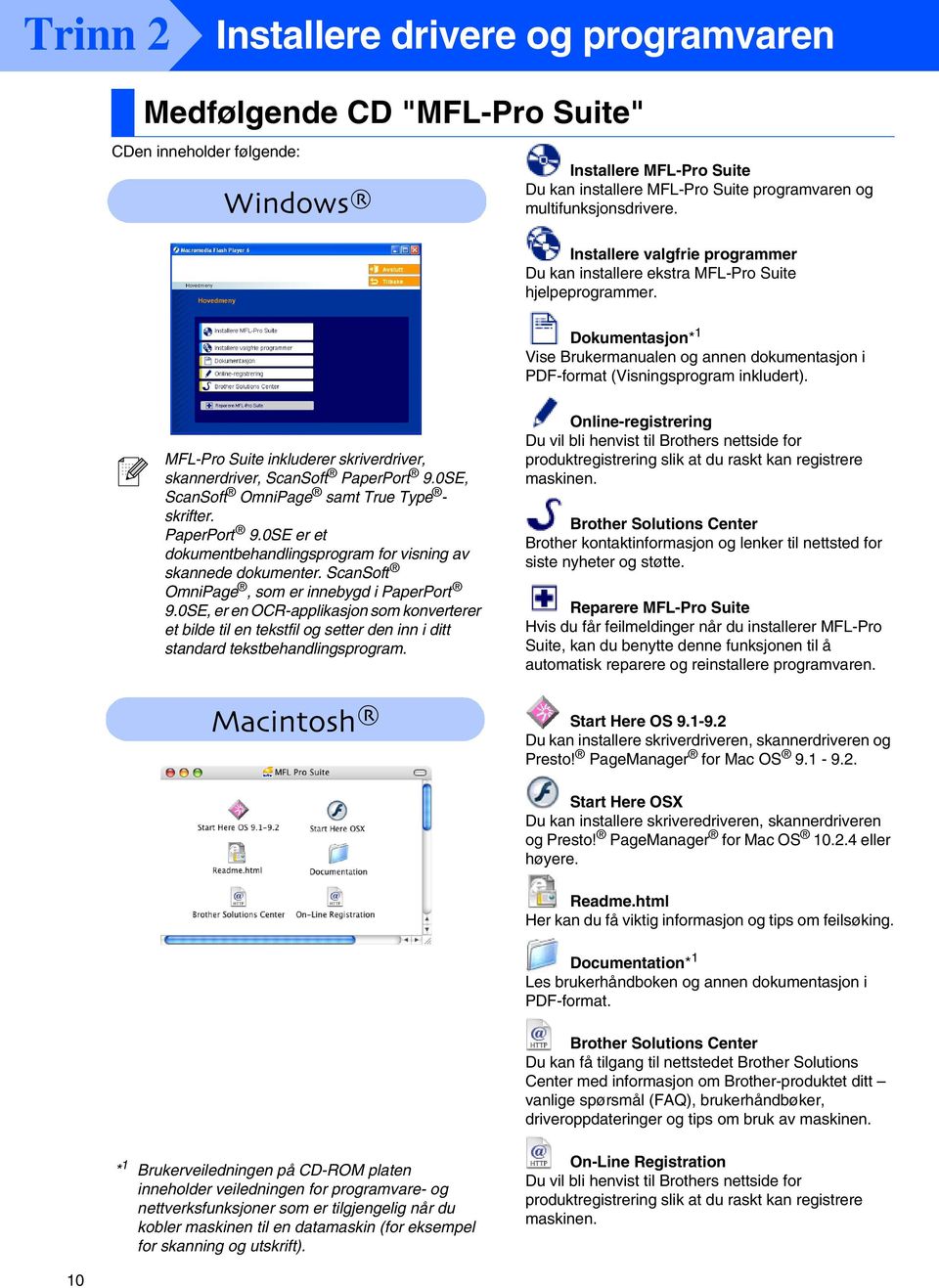 MFL-Pro Suite inkluderer skriverdriver, skannerdriver, ScanSoft PaperPort 9.0SE, ScanSoft OmniPage samt True Type - skrifter. PaperPort 9.0SE er et dokumentbehandlingsprogram for visning av skannede dokumenter.