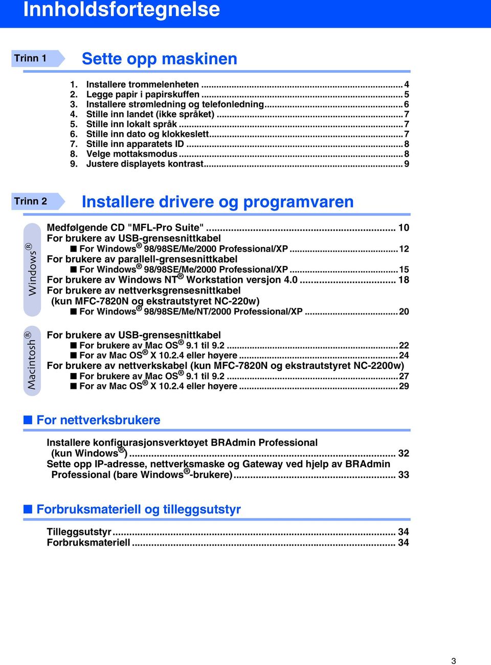 .. 9 Trinn 2 Medfølgende CD "MFL-Pro Suite"... 10 For brukere av USB-grensesnittkabel For 98/98SE/Me/2000 Professional/XP.