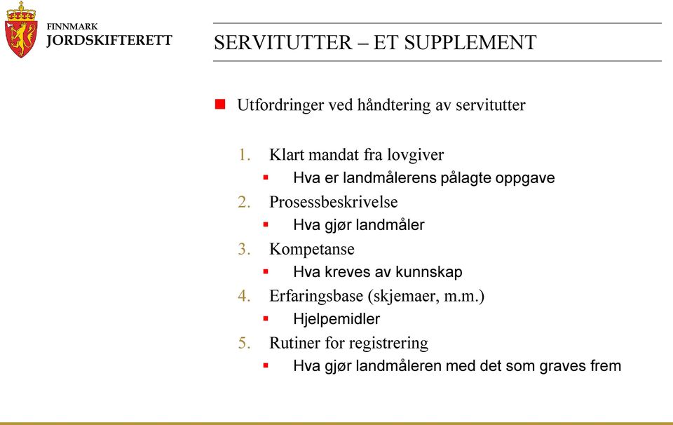 Prosessbeskrivelse Hva gjør landmåler 3. Kompetanse Hva kreves av kunnskap 4.