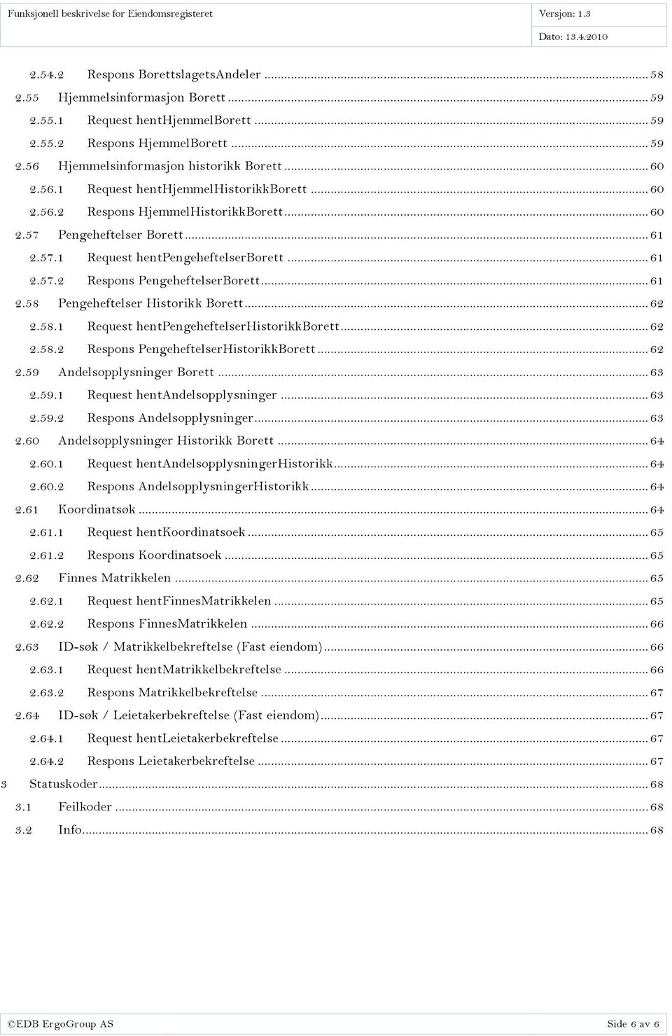 .. 61 2.58 Pengeheftelser Historikk Borett... 62 2.58.1 Request hentpengeheftelserhistorikkborett... 62 2.58.2 Respons PengeheftelserHistorikkBorett... 62 2.59 Andelsopplysninger Borett... 63 2.59.1 Request hentandelsopplysninger.