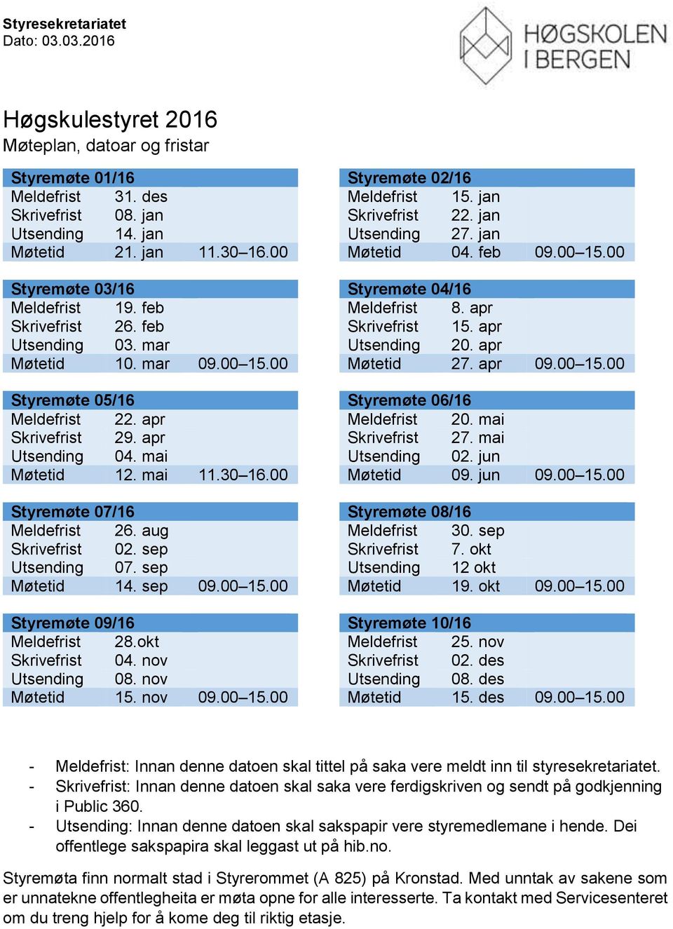 apr Utsending 03. mar Utsending 20. apr Møtetid 10. mar 09.00 15.00 Møtetid 27. apr 09.00 15.00 Styremøte 05/16 Styremøte 06/16 Meldefrist 22. apr Meldefrist 20. mai Skrivefrist 29.