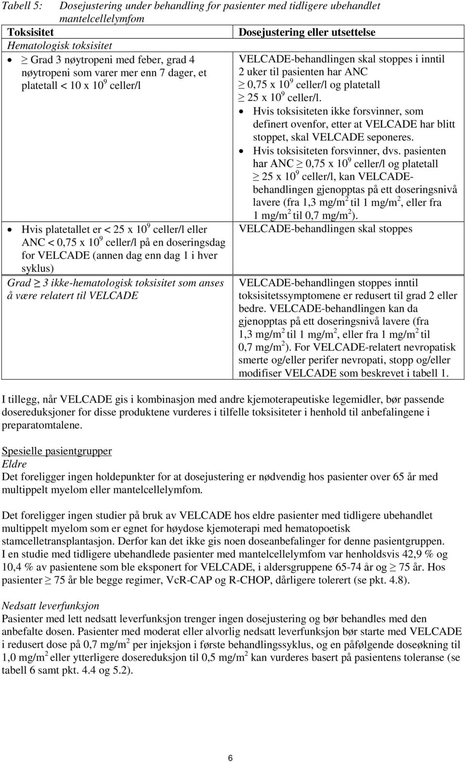 Hvis toksisiteten ikke forsvinner, som definert ovenfor, etter at VELCADE har blitt stoppet, skal VELCADE seponeres. Hvis toksisiteten forsvinner, dvs.