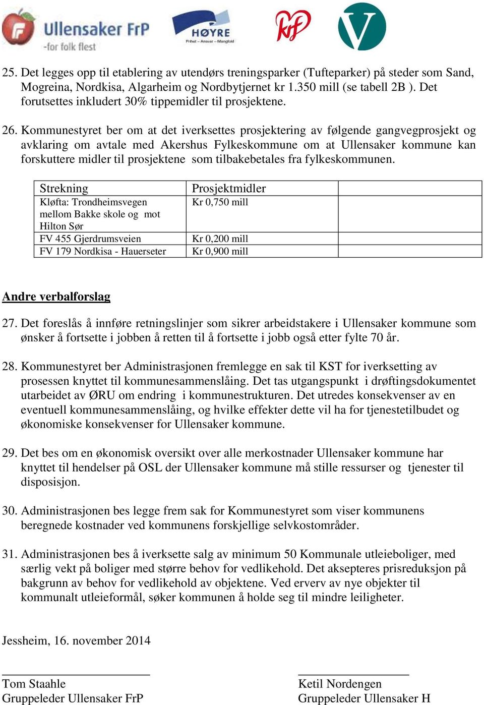 Kommunestyret ber om at det iverksettes prosjektering av følgende gangvegprosjekt og avklaring om avtale med Akershus Fylkeskommune om at Ullensaker kommune kan forskuttere midler til prosjektene som