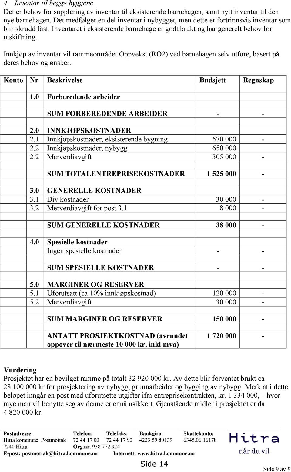 Innkjøp av inventar vil rammeområdet Oppvekst (RO2) ved barnehagen selv utføre, basert på deres behov og ønsker. Konto Nr Beskrivelse Budsjett Regnskap 1.